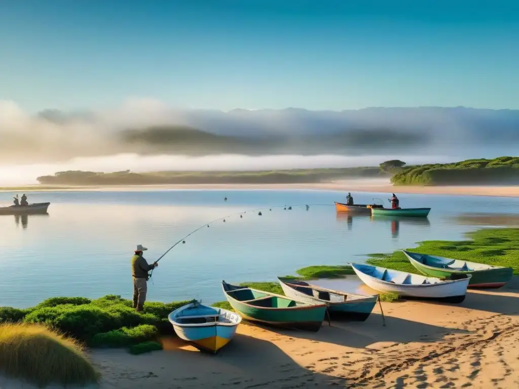 Paisaje encantador al amanecer en Laguna Garzón, pescadores locales preparando sus aparejos