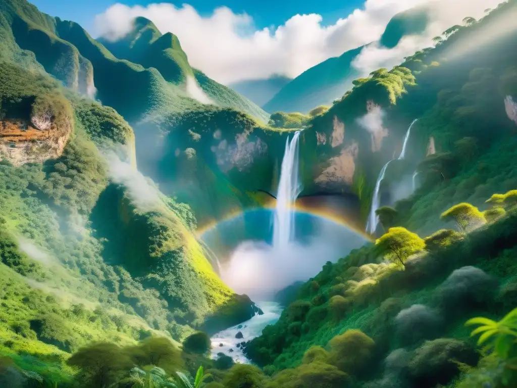 Belleza salvaje del Valle del Lunarejo: cascada, río y aves exóticas Un paisaje de ensueño en Valle del Lunarejo, con cascada, río cristalino y aves coloridas