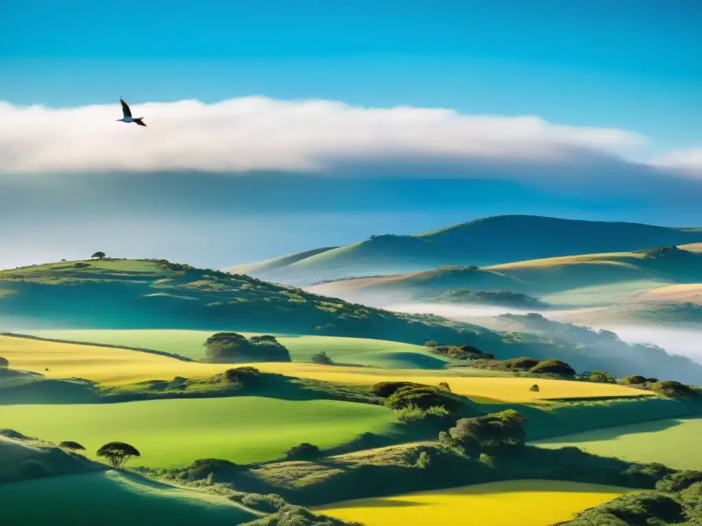 Un paisaje exuberante en Uruguay con aves coloridas y agricultura armoniosa