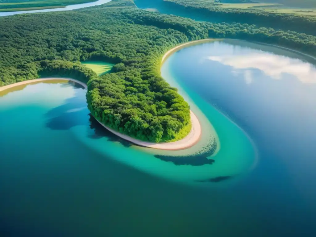 Un paisaje fluvial cautivador del río Uruguay serpenteando entre bosques verdes y aguas tranquilas, iluminado por el sol