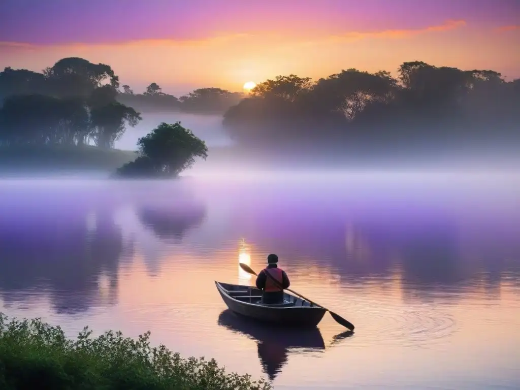 Paisaje fluvial río Uruguay: amanecer sereno con pescador en barca, reflejos de colores vibrantes en el agua