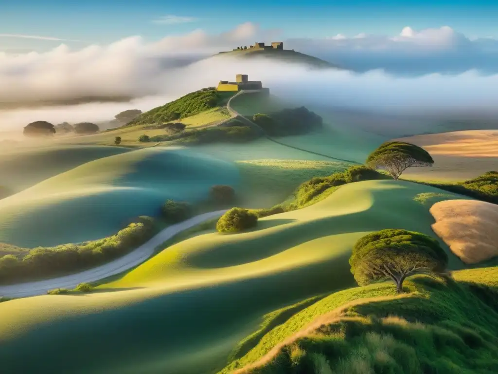 Paisaje histórico de la Batalla de Las Piedras en Uruguay, con colinas verdes y cielo azul