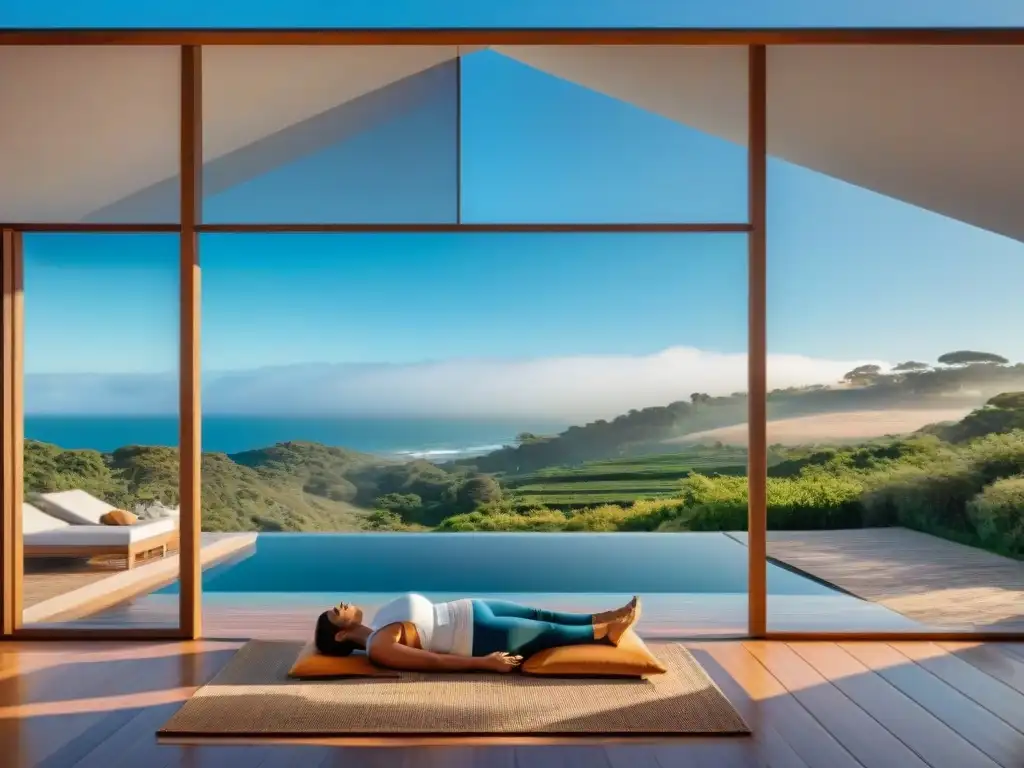 Paisaje de un hotel boutique en Uruguay, ideal para retiros espirituales, con huéspedes practicando yoga en una terraza serena