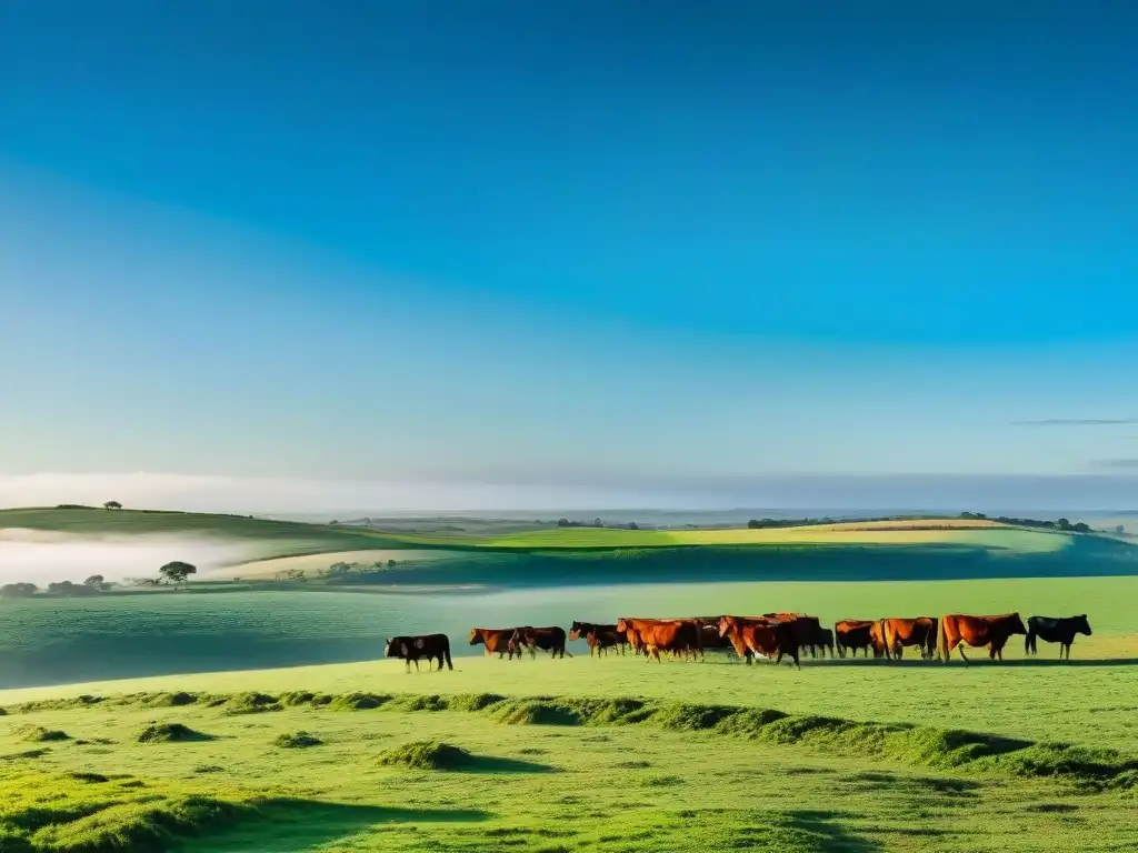 Paisaje idílico de campo en Uruguay con gauchos y ganado