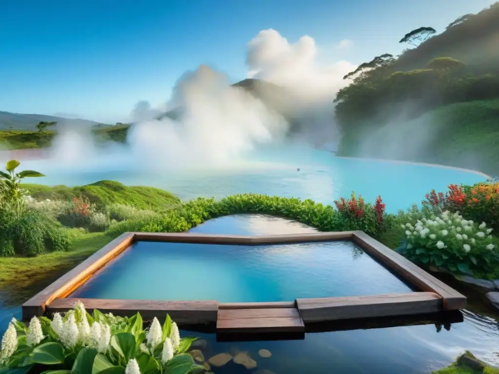 Paisaje idílico de termas en Uruguay, con aguas termales, vegetación exuberante y pareja disfrutando