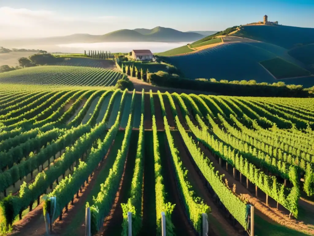 Paisaje idílico de viñedo en Uruguay con trabajadores y bodega al fondo