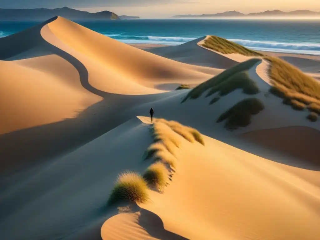 Un paisaje impresionante de Valizas y Aguas Dulces: dunas doradas, suaves sombras al atardecer y una figura solitaria en la playa