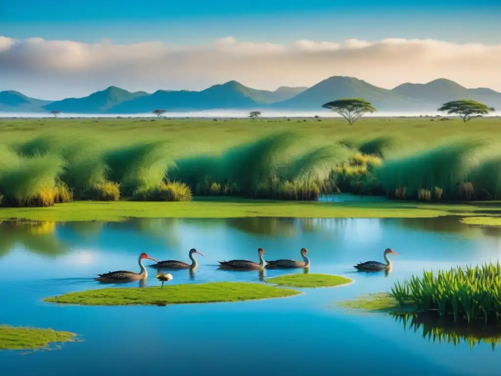 Un paisaje impresionante que muestra la biodiversidad de los humedales de Uruguay, con aves, reptiles y plantas acuáticas en armonía