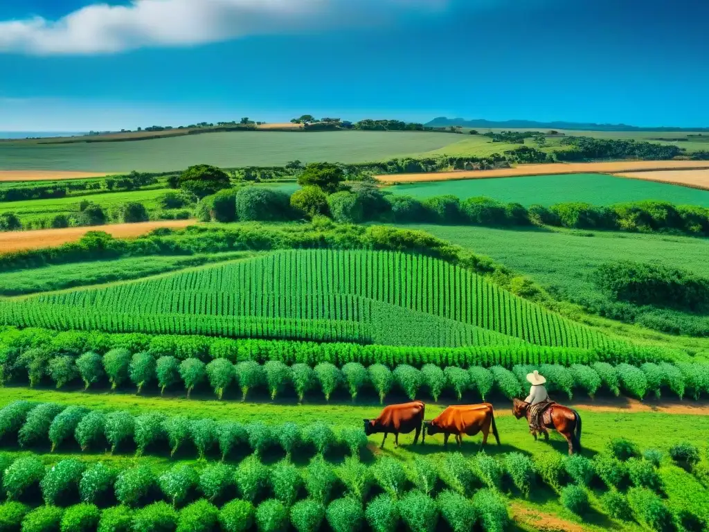 Un paisaje impresionante de campos verdes en Uruguay, con un gaucho y ganado