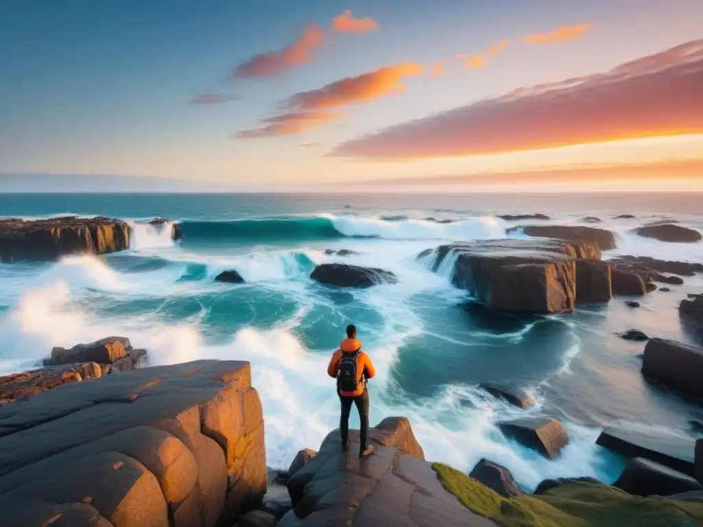 Un paisaje impresionante de la costa de Uruguay al atardecer, ideal para los mejores tours fotográficos Uruguay