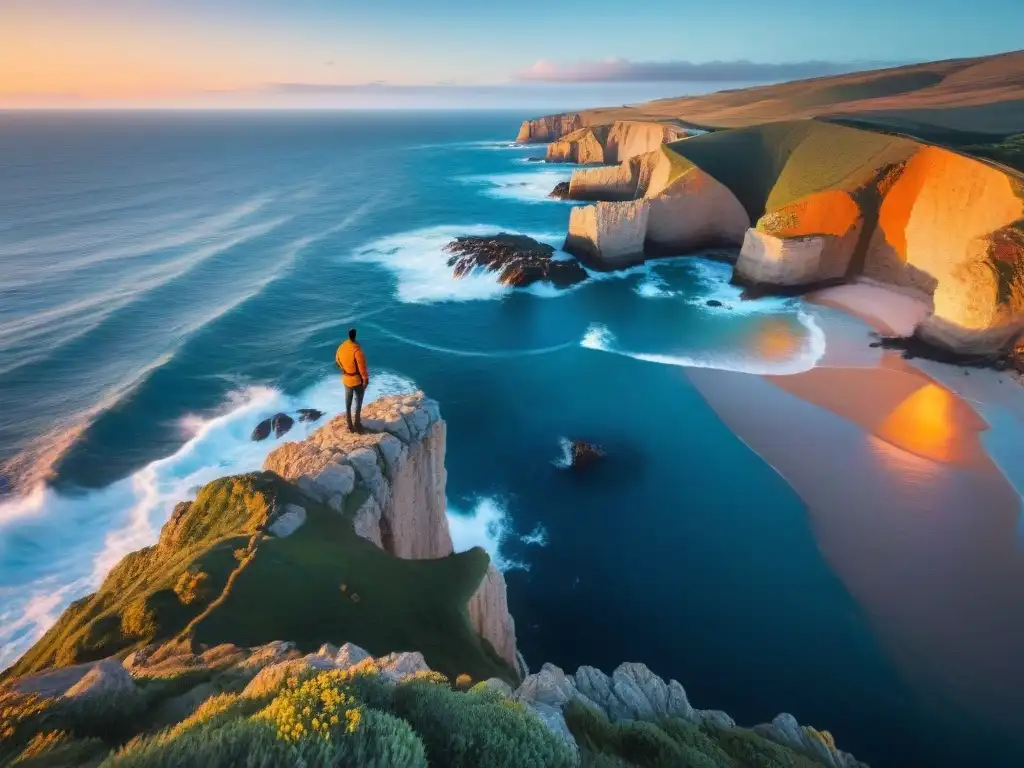 Un paisaje impresionante de la costa uruguaya: acantilados, mar azul y un atardecer mágico