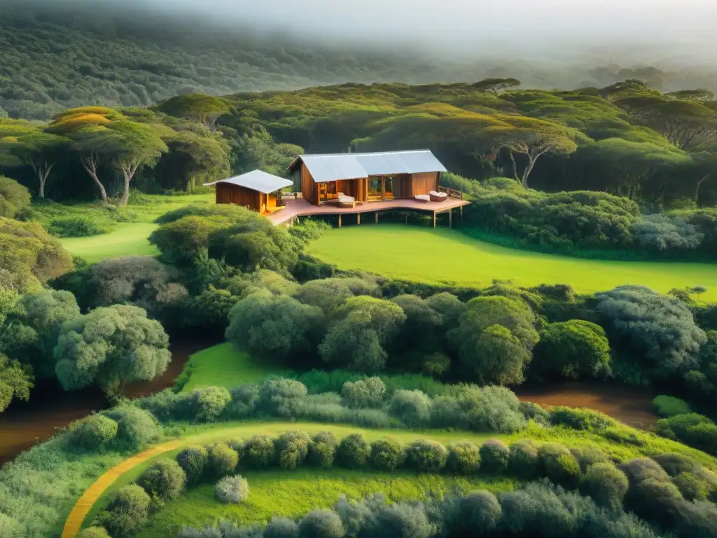 Un paisaje impresionante de un ecolodge en la exuberante naturaleza uruguaya, invitando a descubrir los mejores ecolodges naturaleza Uruguay