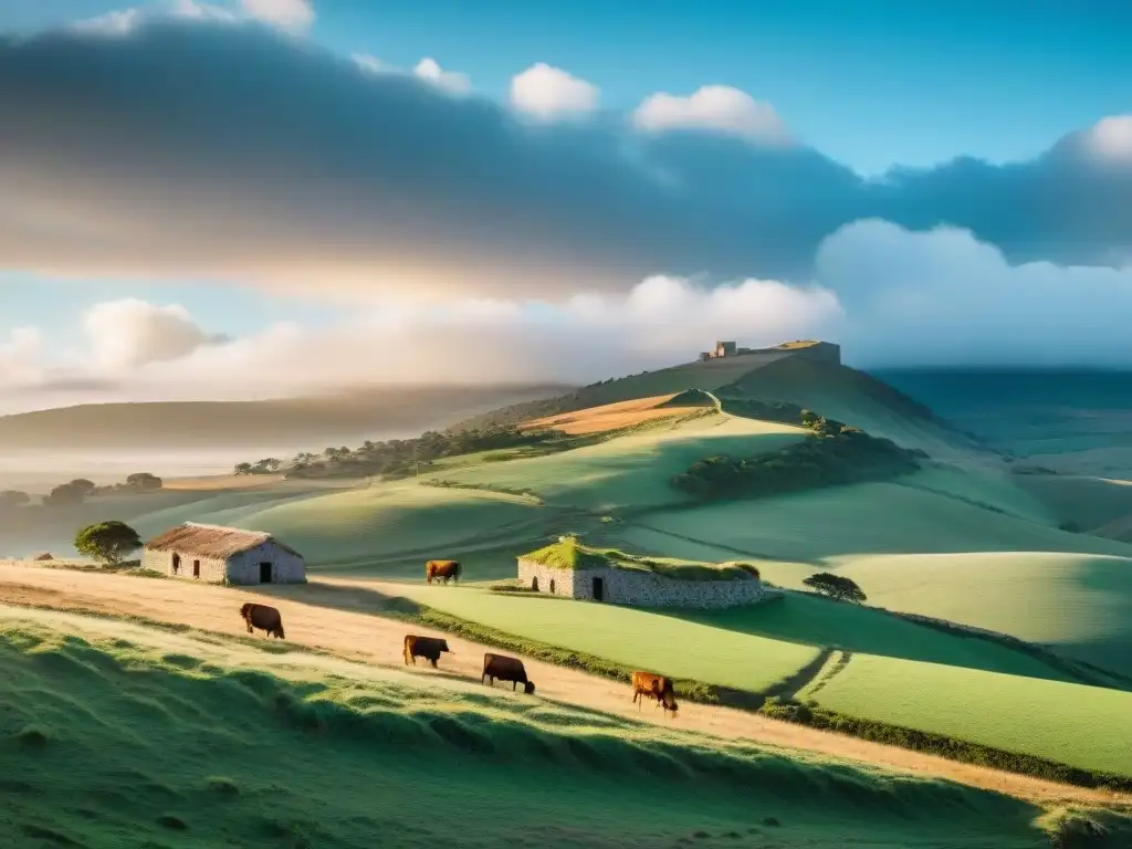 Un paisaje impresionante de finca rural en Uruguay, transmitiendo la belleza agreste y aventurera del campo