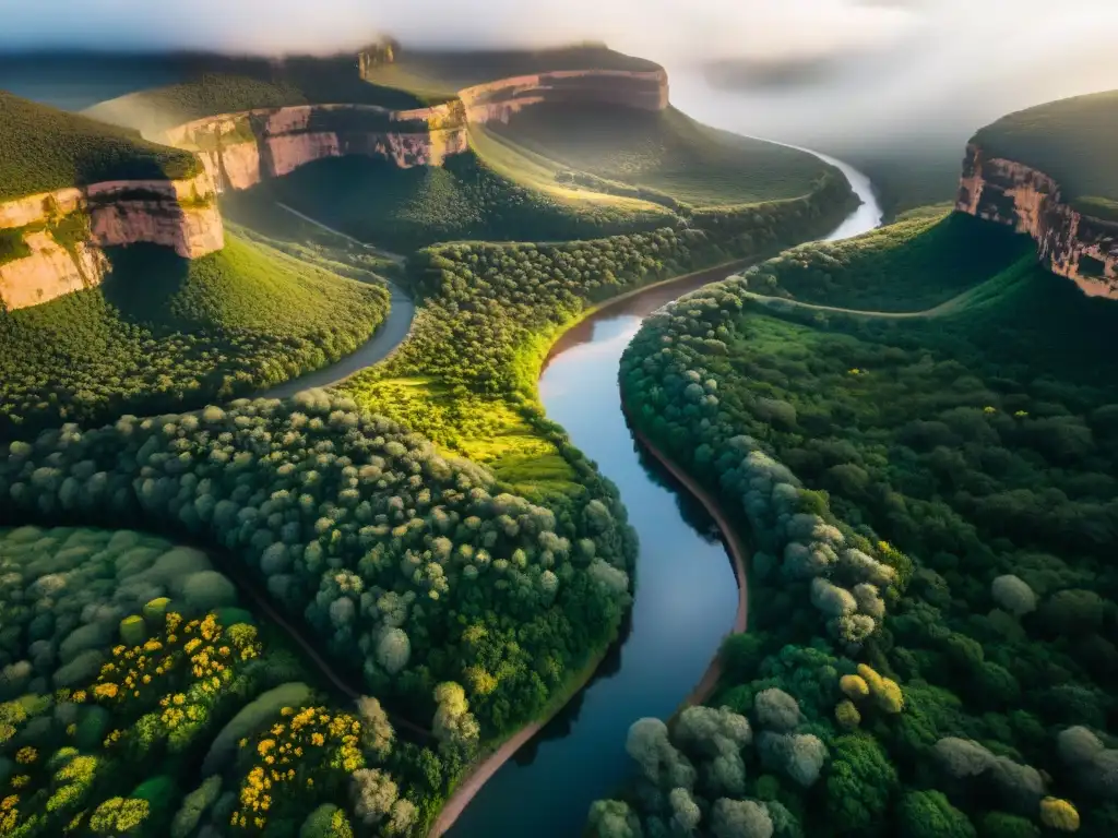 Un paisaje impresionante de Quebrada de los Cuervos, con río serpenteante, vegetación exuberante y flores silvestres