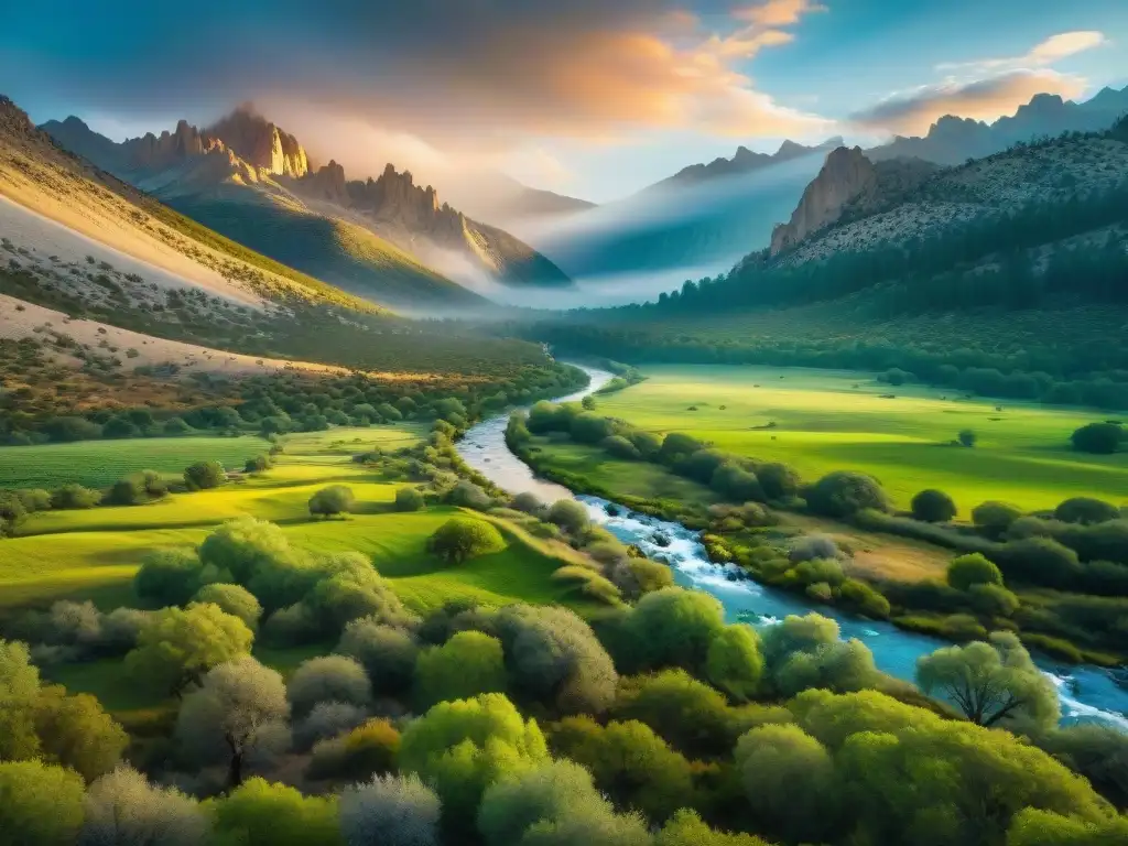 Un paisaje impresionante de las Sierras de Rocha, mostrando su exuberante naturaleza y rica historia geológica en una mezcla de luz y sombra