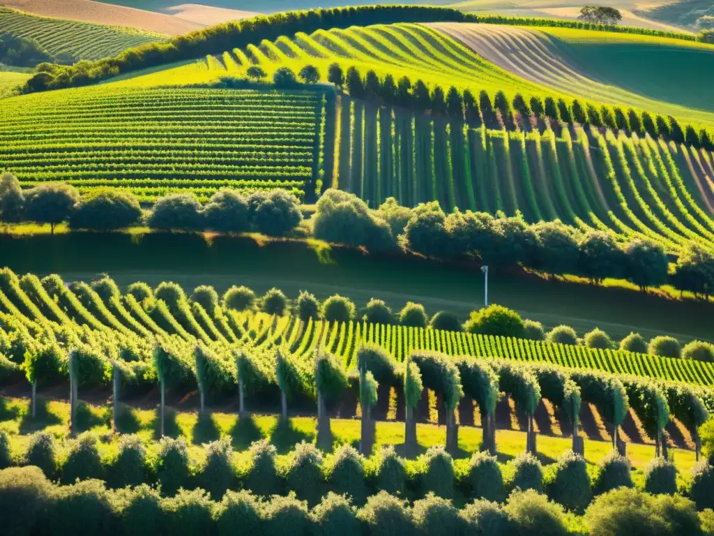 Un paisaje impresionante de viñedos en Uruguay, con hileras de uvas verdes y una bodega al horizonte