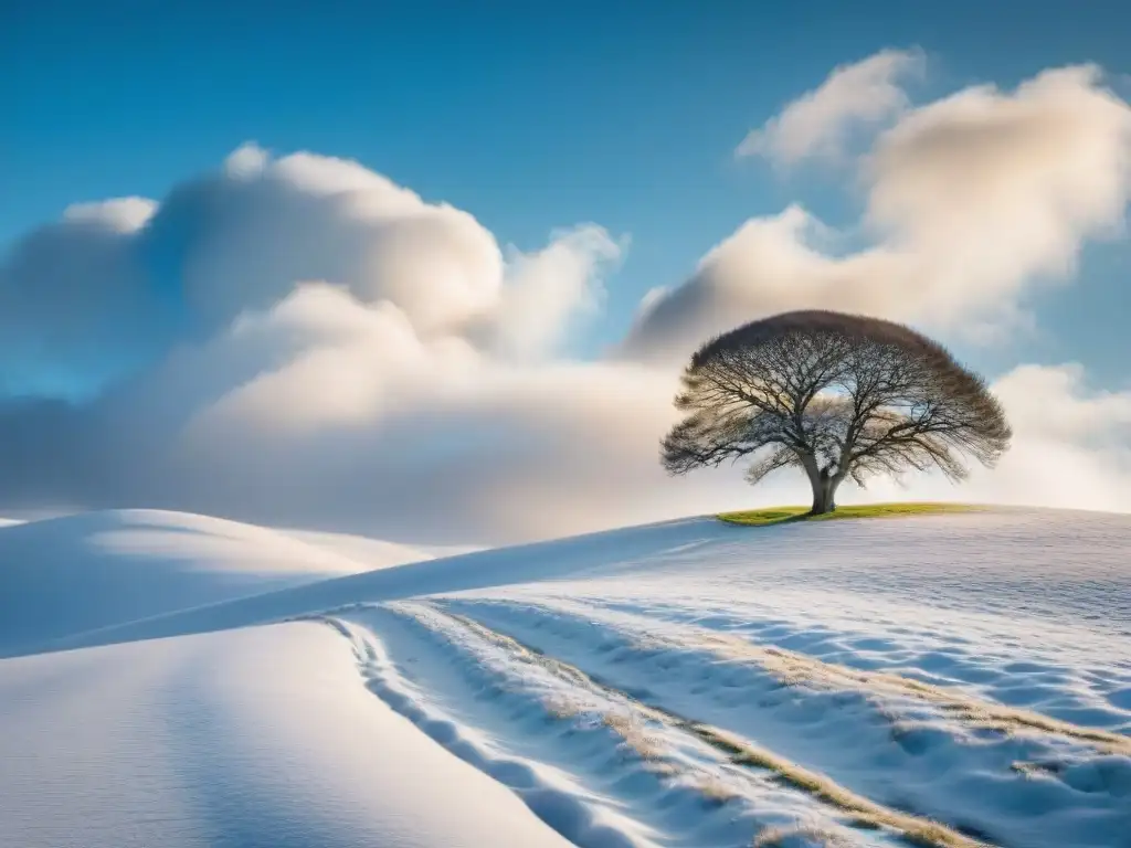 Un paisaje invernal sereno en Uruguay, con colinas nevadas y un árbol solitario