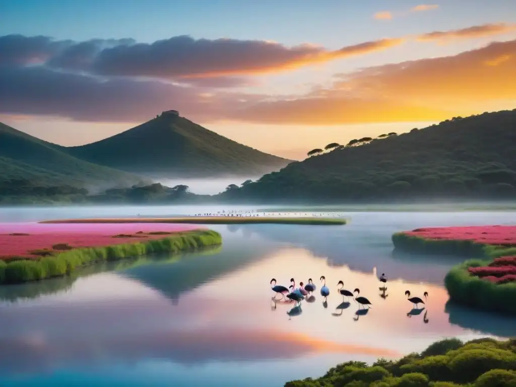 Paisaje de Laguna Garzón en Uruguay al atardecer con flamencos y guía local en bote