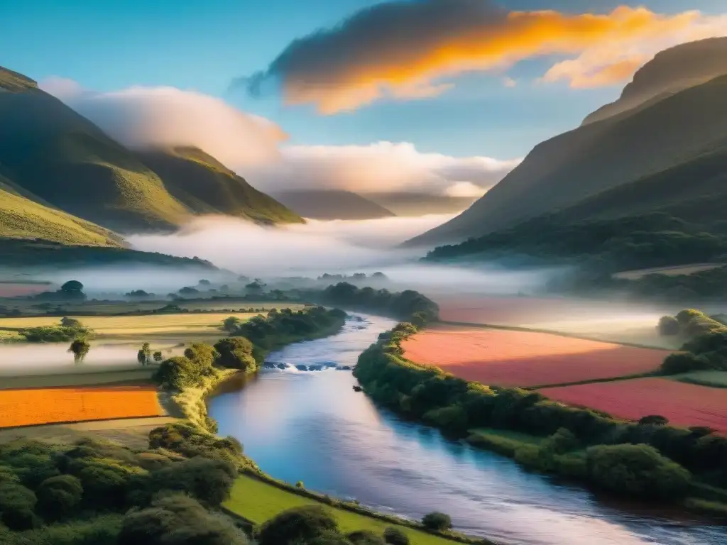 Un paisaje mágico al atardecer en Valle Edén, Uruguay, con colores cálidos y río sereno