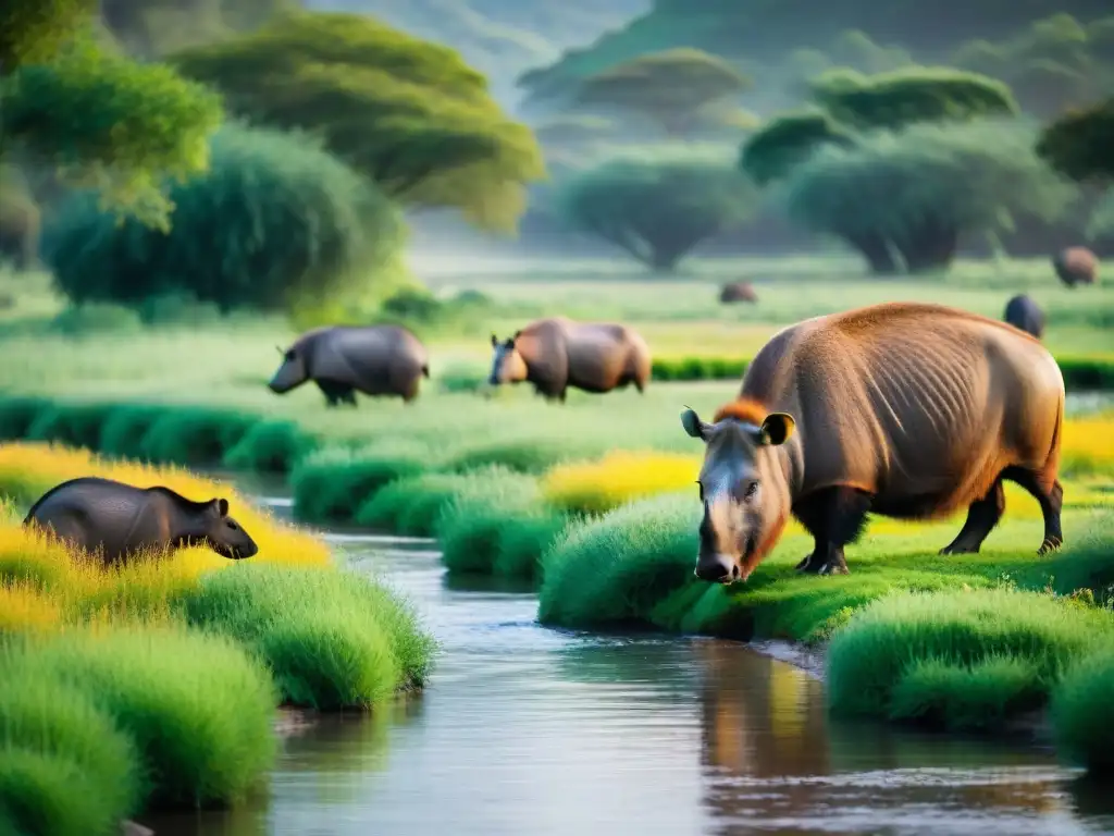 Un paisaje mágico de la fauna en ecosistemas uruguayos: capibaras en armonía junto a un arroyo, rodeados de vegetación exuberante y aves coloridas