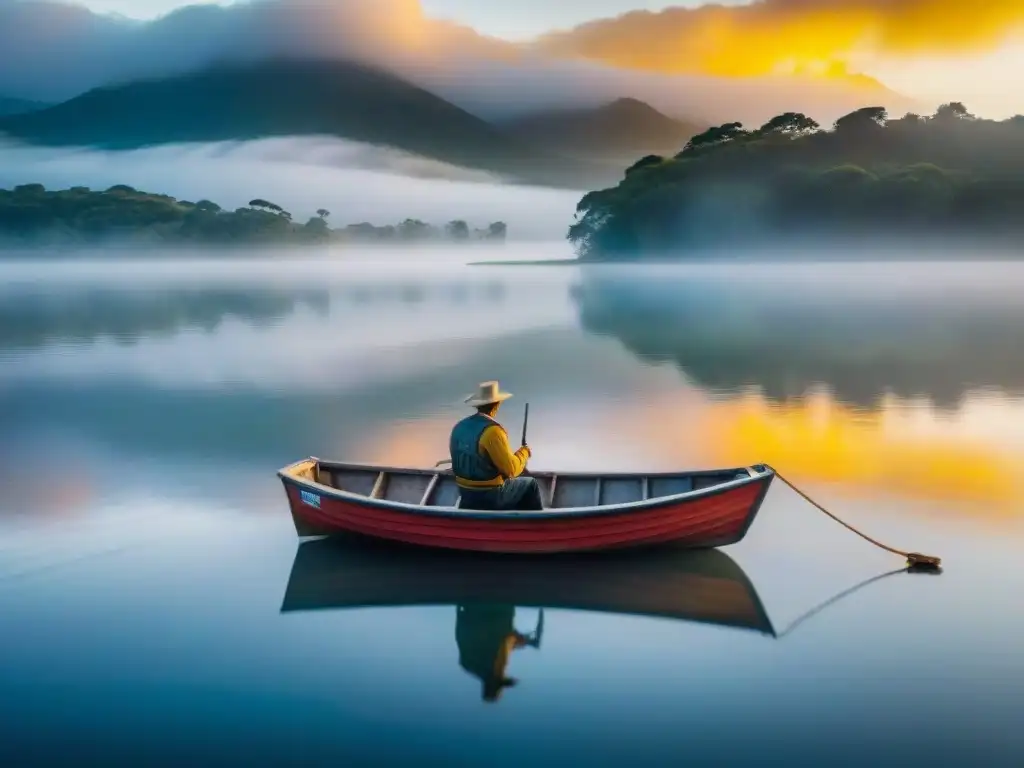 Paisaje mágico al amanecer en lago de Uruguay con pescador solitario en su bote