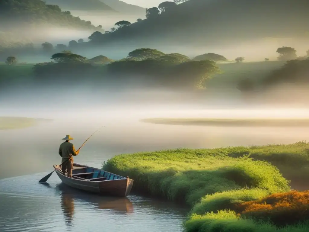 Paisaje mágico en Uruguay al amanecer: pescador solitario en bote de madera pesca en el río