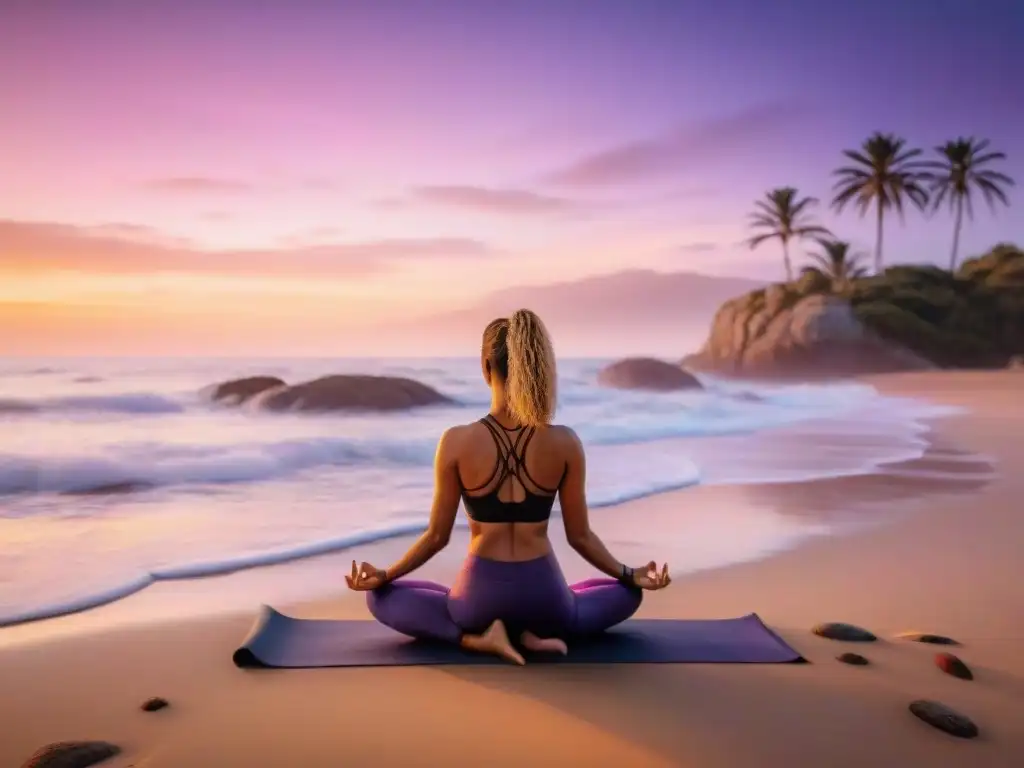 Un paisaje mágico de yoga en la playa al atardecer en Uruguay