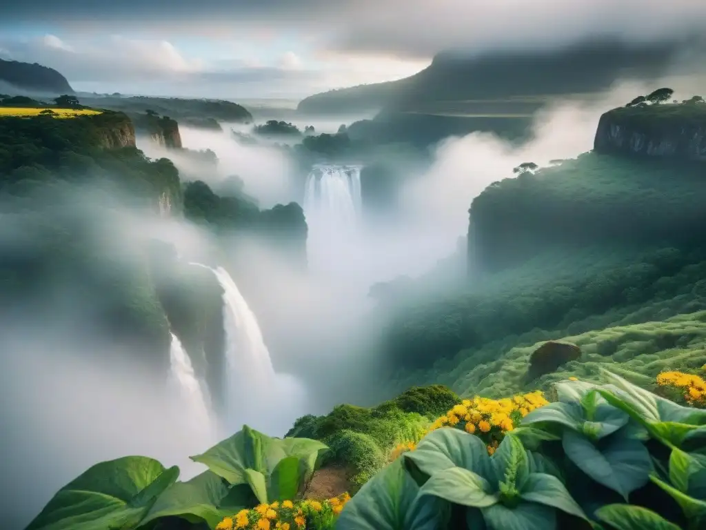 Un paisaje místico y sereno en Uruguay, con niebla sobre un valle verde y un río