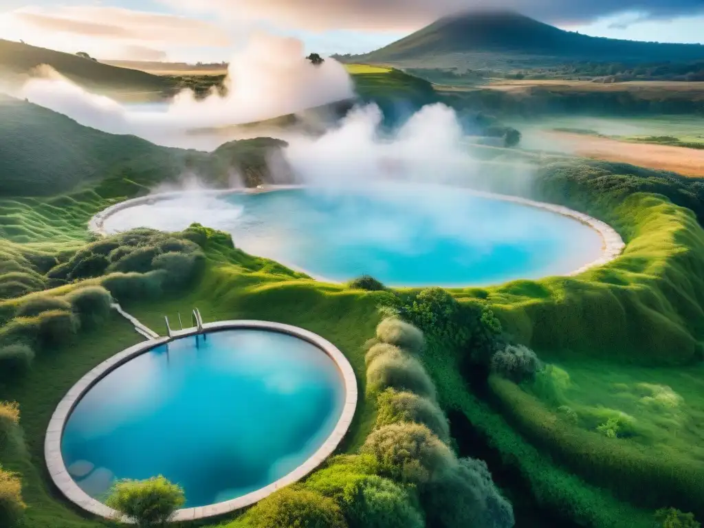 Paisaje místico de termas uruguayas entre colinas verdes y vegetación nativa, bajo un cielo azul con nubes blancas