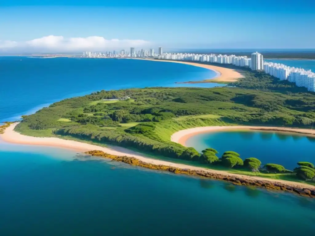 Un paisaje panorámico de la costa de Punta del Este, con contrastes de azules y verdes vibrantes