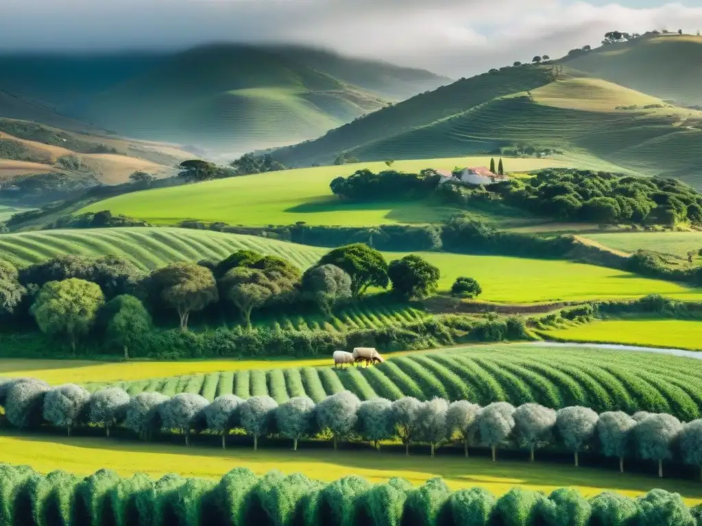 Paisaje panorámico de la pintoresca Ruta del queso en Uruguay, con una quesería artesanal y vacas pastando en colinas verdes