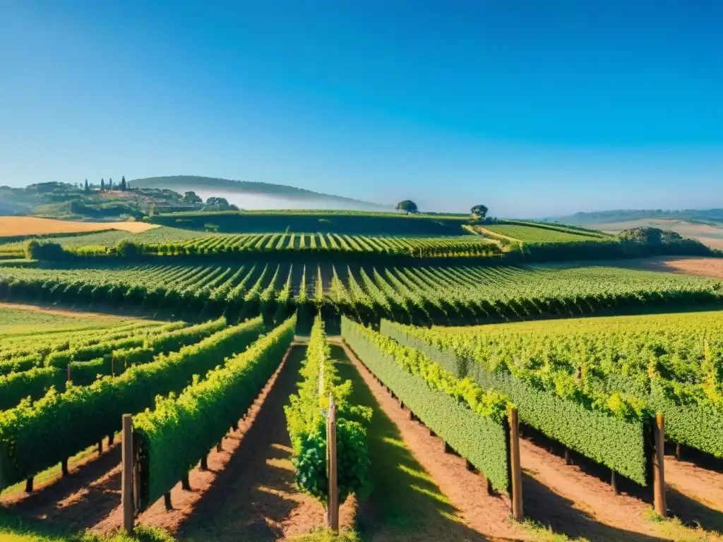 Un paisaje panorámico de viñedos en las colinas de Uruguay, con una bodega rústica al fondo y trabajadores cosechando uvas bajo un cielo azul