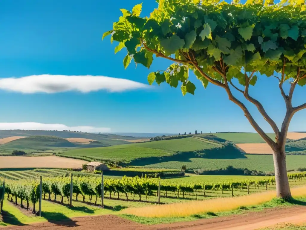 Un paisaje pintoresco de viñedos verdes en Uruguay, con turistas disfrutando de una cata de vinos en una granja de agroturismo