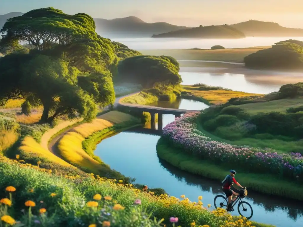 Paisaje relajante al atardecer en Laguna Garzón, Uruguay, con ciclista solitario, reflejos en el agua y flora colorida