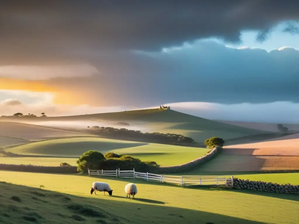 Un paisaje rural en Uruguay bañado por la luz dorada del atardecer, con un portón antiguo entreabierto y ovejas pastando