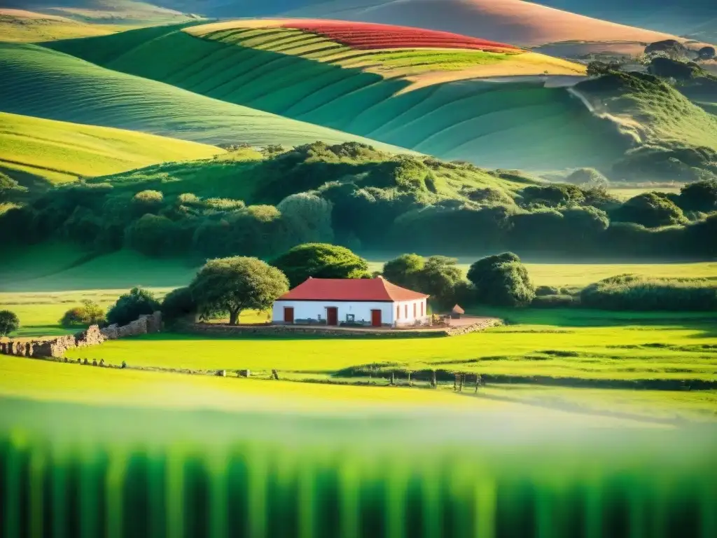 Paisaje rural en Uruguay con casa de campo y ganado pastando