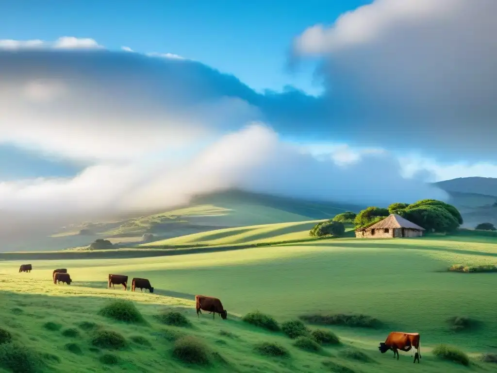 Paisaje rural en Uruguay con colinas verdes, ganado pastando y cielo azul