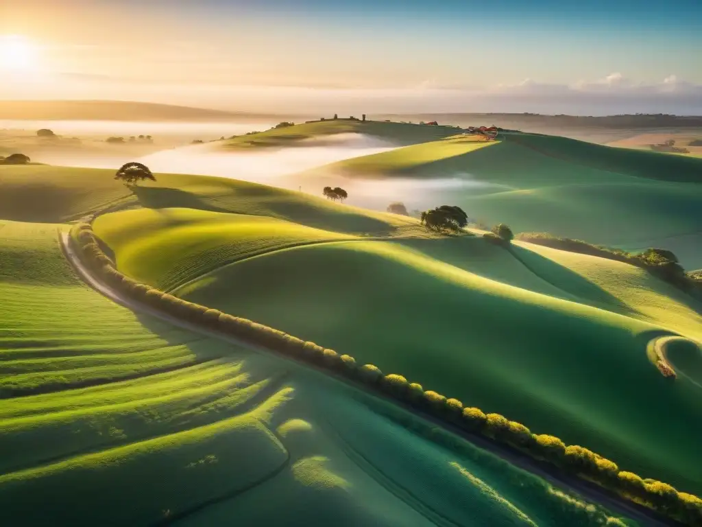 Paisaje rural en Uruguay: colinas verdes, ranchos tradicionales y turismo ecológico al atardecer