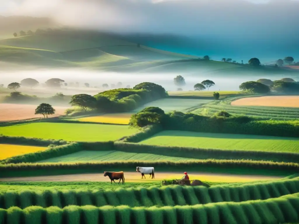 Un paisaje rural en Uruguay: extensas praderas verdes, granjas, ganado y actividades tradicionales