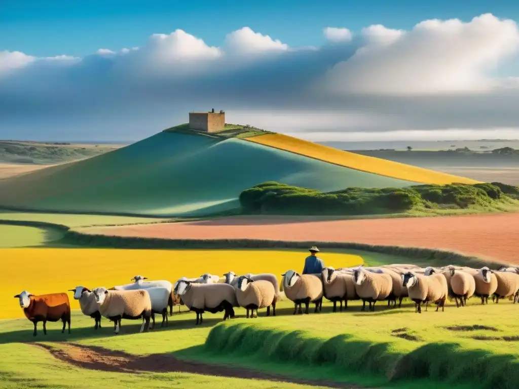 Un paisaje rural de Uruguay con un gaucho cuidando ovejas