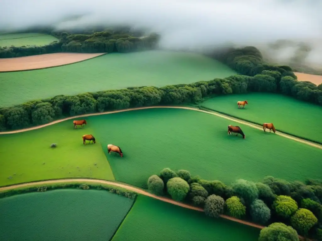 Un paisaje rural impresionante en Uruguay: estancia, pastizales verdes, gauchos a caballo