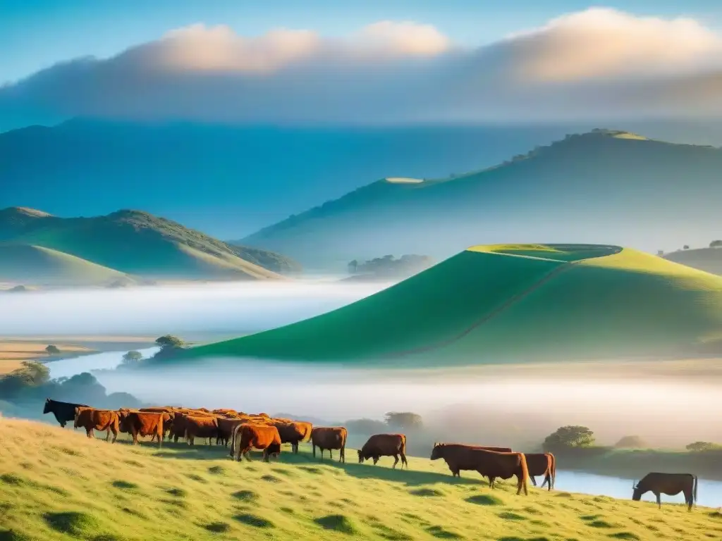 Paisaje rural pintoresco en Uruguay, con colinas verdes, ganado pastando, río serpenteante y estancia tradicional