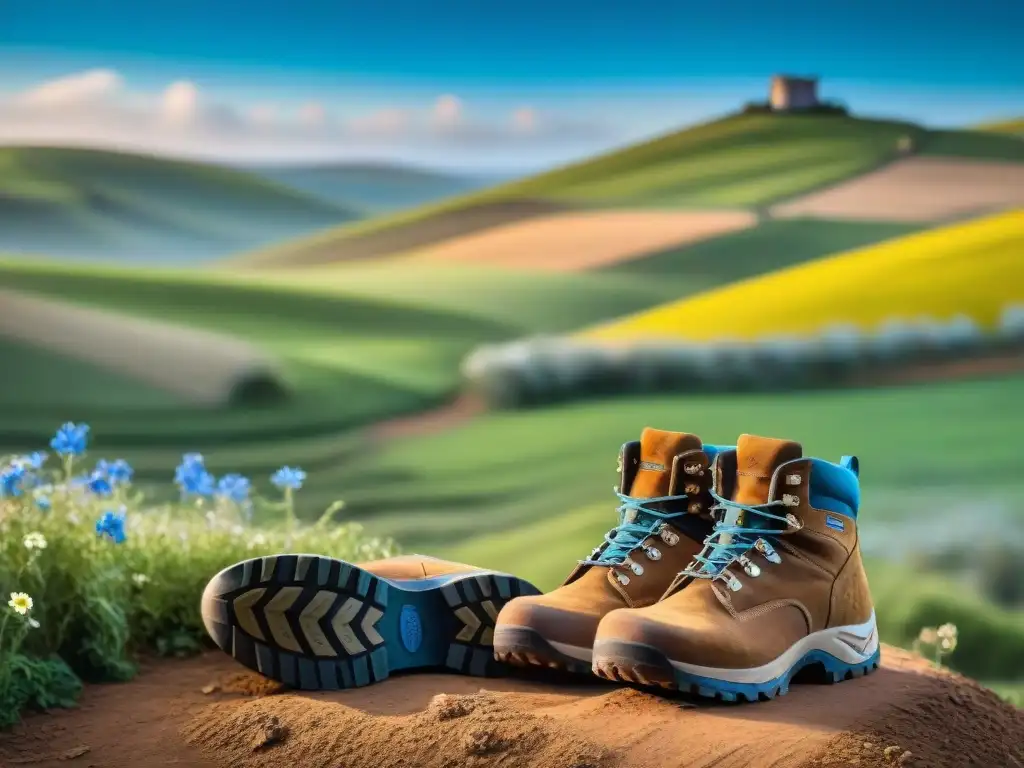 Un paisaje rural de Uruguay con senderismo en caminos rurales, botas de montaña y flores silvestres