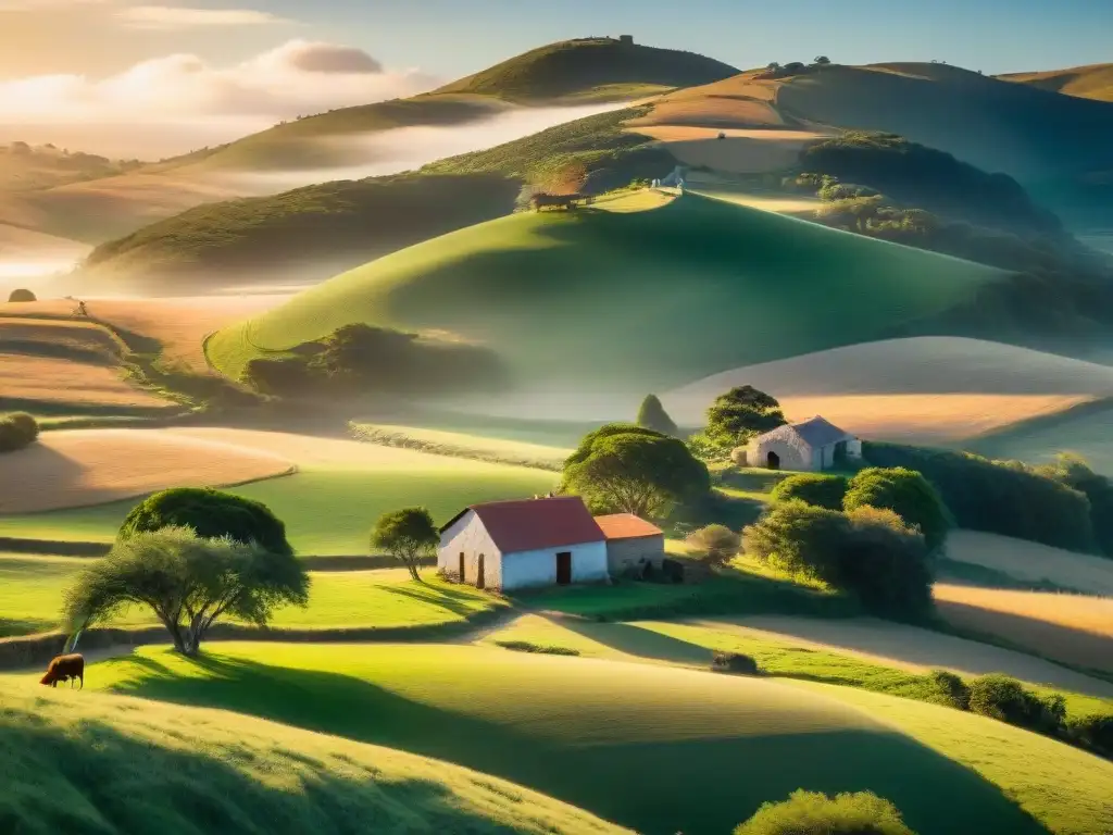 Paisaje rural sereno al atardecer en Uruguay, con ganado pastando y una casa antigua al fondo