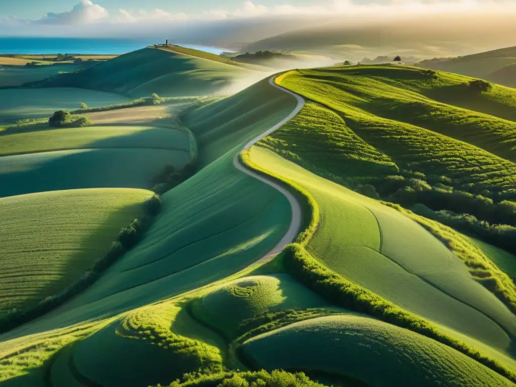 Un paisaje rural sereno en Uruguay con un camino serpenteante entre campos verdes bajo un cielo azul