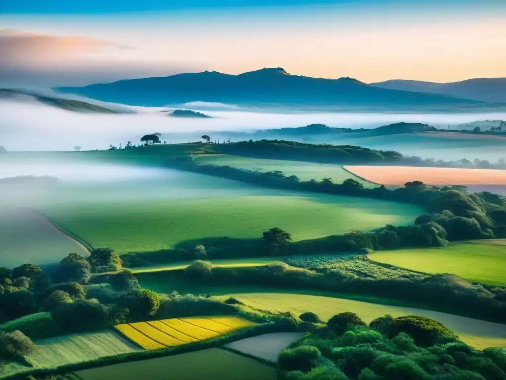 Paisaje rural sereno en Uruguay con campos verdes, estancia tradicional y cielo azul