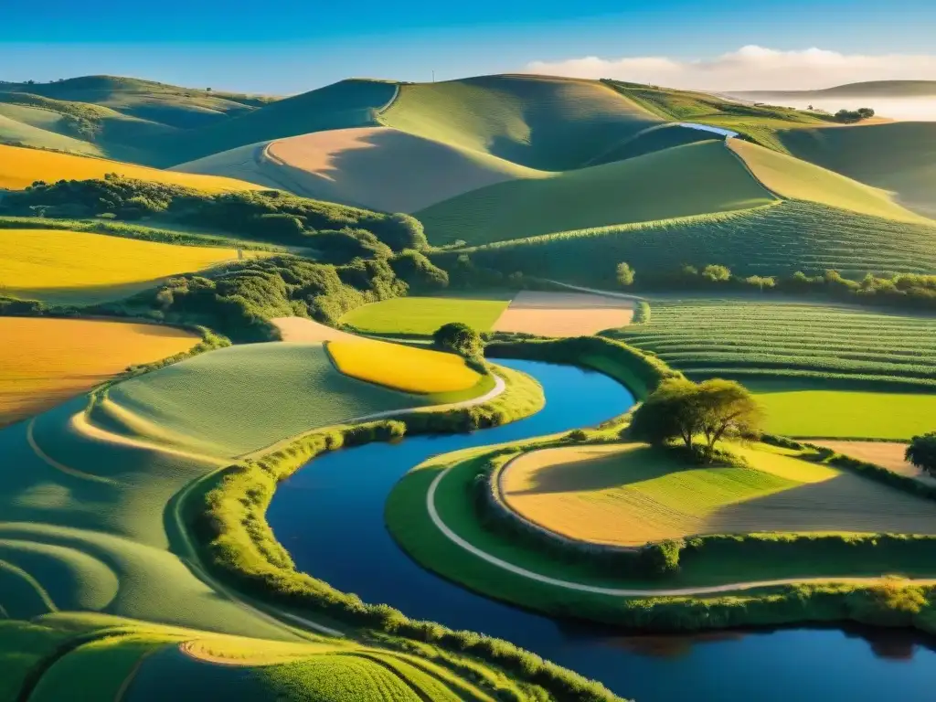 Paisaje rural sereno en Uruguay con colinas, viñedos, ganado y locales en trajes tradicionales