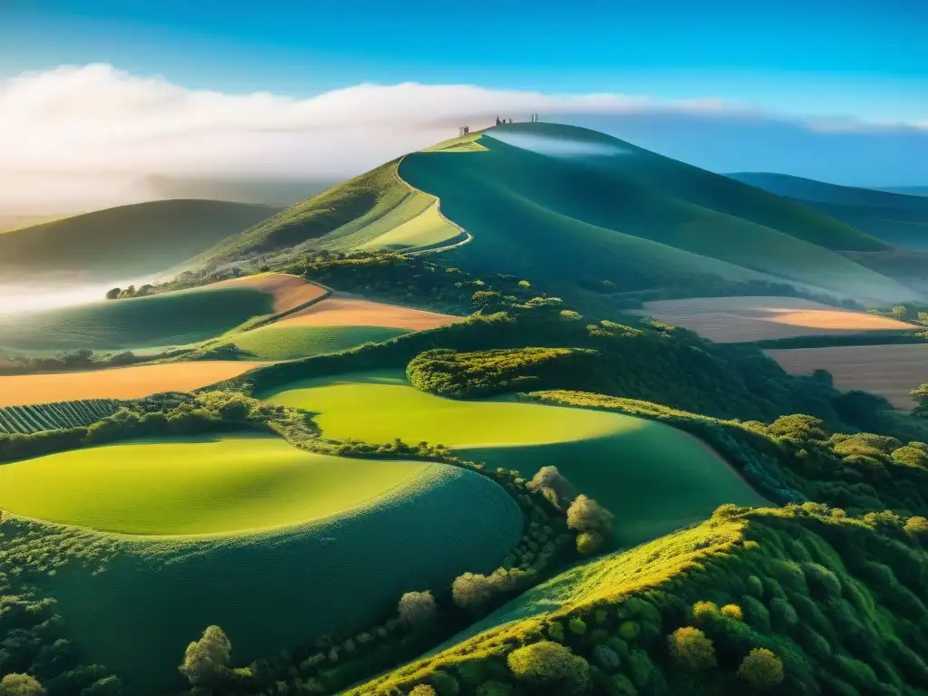 Paisaje rural sereno en Uruguay: colinas verdes, estancias rústicas y senderos, bajo cielo azul