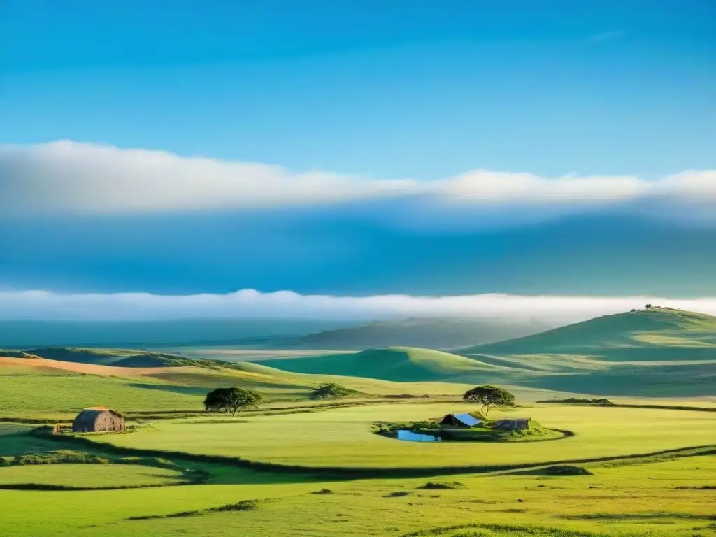 Un paisaje rural sereno en Uruguay con colinas verdes, ganado pastando bajo un cielo azul