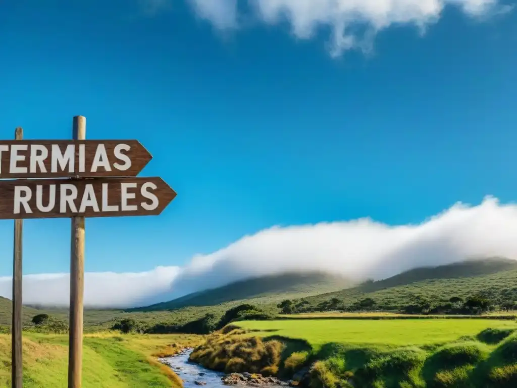 Paisaje rural sereno en Uruguay con letrero 'Termas Rurales' tallado, exudando autenticidad y tranquilidad